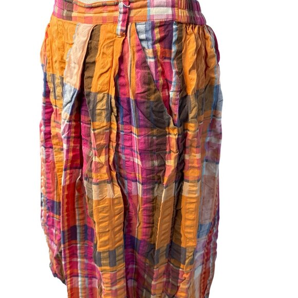 Anthropologie XS Crinkle Plaid Midi Skirt Multicolor Lightweight Cotton Blend El - Picture 2 of 10
